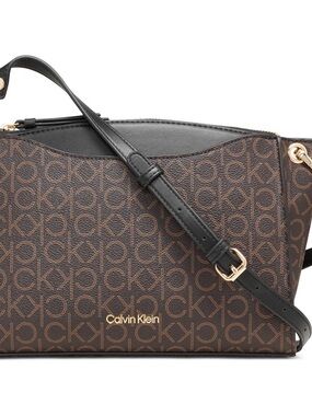 Calvin Klein Brown Monogram Crossbody with Black Strap
